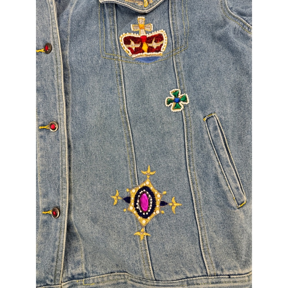 Vintage Cedars Denim Jacket Jeans Set Jeweled Beaded Women 28 Blue Crown - Picture 10 of 16